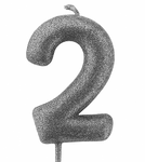 Silver birthday candle in the shape of a number "2"