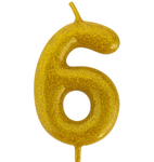 Golden birthday candle "6" with glitter