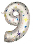 Foil Balloon Number "9" White with Stars (100cm.)