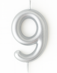 Silver birthday candle in the shape of a number "9"