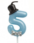 Birthday candle number "5" - blue with cylinder and bow tie