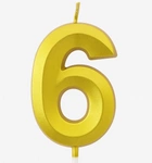 Gold birthday candle in the shape of a number "6"
