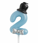 Birthday candle number "2" - blue with cylinder and bow tie