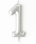 Silver birthday candle in the shape of a number "1"