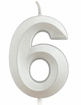 Silver birthday candle in the shape of a number "6"