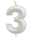 Silver birthday candle in the shape of a number "3"