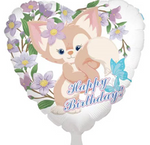 Heart-shaped foil balloon with cute fox and floral design, Happy Birthday 18" (45cm.)