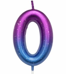 Birthday candle number "0" - purple-blue with glitter
