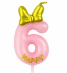 Birthday candle number "6" - pink with glitter and bow