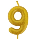 Golden birthday candle "9" with glitter