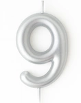 Silver birthday candle in the shape of a number "9"