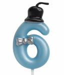 Birthday candle number "6" - blue with cylinder and bow tie