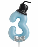 Birthday candle number "3" - blue with cylinder and bow tie