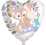 Heart-shaped foil balloon with cute fox and floral design, Happy Birthday 18" (45cm.)