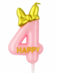 Birthday candle number "4" - pink with glitter and bow