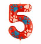 Свічка святкова "Paw Patrol" червона з відбитками лапок – цифра "5"