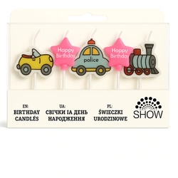 Set of 5 Colorful SHOW Birthday Candles - Cars, Stars and Train