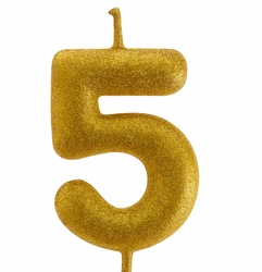 Złota świeczka urodzinowa „5” z brokatem