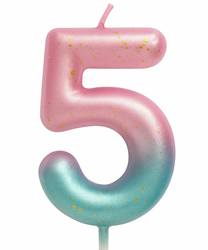 Narozeninová svíčka číslo "5" - růžová a mátová s ombre efektem