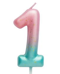 Birthday candle number "1" - pink and mint with ombre effect