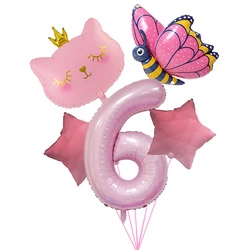 Birthday balloon set "Pink 6" - cat, butterfly, stars