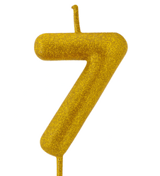 Zlatá narozeninová svíčka "7" se třpytkami