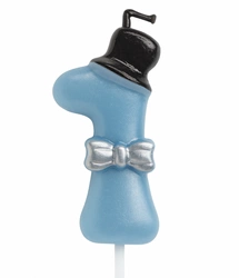 Birthday candle number "1" - blue with cylinder and bow tie