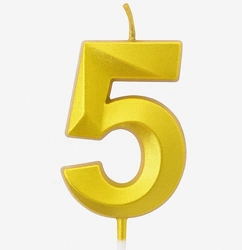 Gold birthday candle in the shape of a number "5"