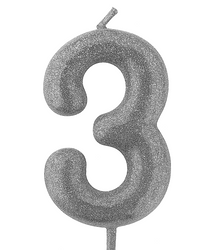 Stříbrná narozeninová svíčka ve tvaru čísla "3"