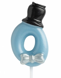 Birthday candle number "0" - blue with cylinder and bow tie