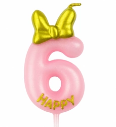 Birthday candle number "6" - pink with glitter and bow