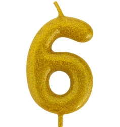 Golden birthday candle "6" with glitter