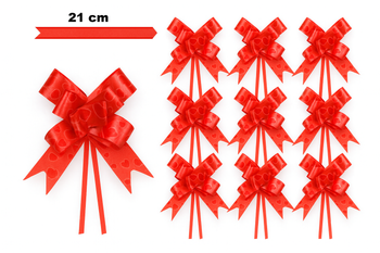 Kokarda dekoracyjna czerwona z motywem serc – 21 cm (zestaw 10 szt.)