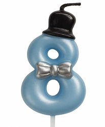Birthday candle number "8" - blue with cylinder and bow tie