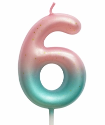 Birthday candle number "6" - pink and mint with ombre effect