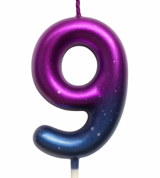 Birthday candle number "9" - purple-blue with glitter