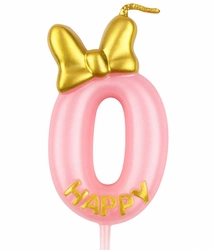 Birthday candle number "0" - pink with glitter and bow
