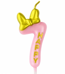 Birthday candle number "7" - pink with glitter and bow