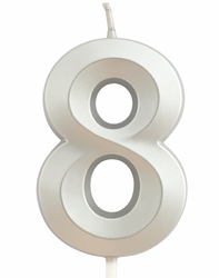 Silver birthday candle in the shape of a number "8"