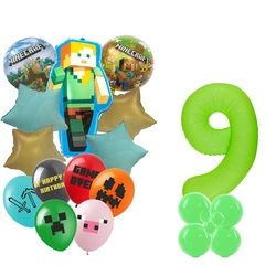 Set of 9 Minecraft Pixel Balloons Foil and Rubber Balloons with Printing