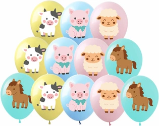 Pastel balloons with farm animals motif set of 12 pieces
