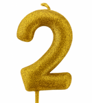 Zlatá narozeninová svíčka "2" se třpytkami
