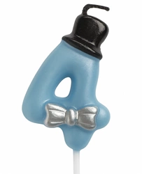 Birthday candle number "4" - blue with cylinder and bow tie