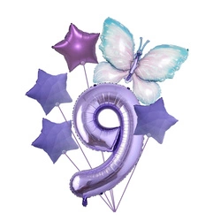 Set of balloons for 9th birthday with butterfly