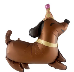 Fóliový balónek ve tvaru psa s narozeninovou čepicí (63 cm*64 cm)