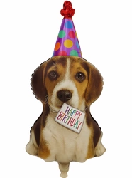 Foil balloon with a dog in a party hat 37x71 cm.