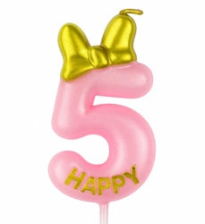 Birthday candle number "5" - pink with glitter and bow
