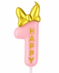 Birthday candle number "1" - pink with glitter and bow