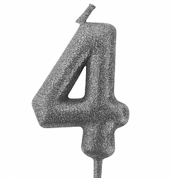 Silver birthday candle in the shape of a number "4"