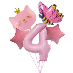 Birthday balloon set "Pink 4" - cat, butterfly, stars